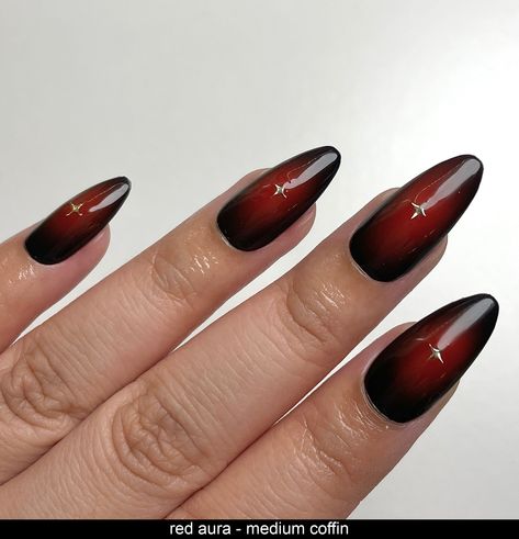 red airbrushed aura on a black base + gold sparkle in the center Medium Almond Gel Nails Ideas, Cherry Red Halloween Nails, Reddish Black Nails, Red Aura Nails With Gold, Dark Trendy Nails, Simple Nail Gem Designs, Gothic Short Nail Designs, 2024 Red Nails, Matte Aura Nails