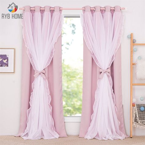 Yarn Curtains, Curtains Double, Blackout Curtains Living Room, Girl Curtains, Layered Curtains, Pink Curtains, Stylish Curtains, Voile Curtains, Window Types