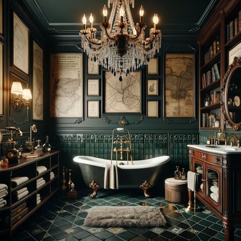 Southern Gothic Bathroom, Victorian Gothic Bathroom, Exotic Bathrooms, Clawfoot Bathroom, Moody Mansion, Victorian Gothic House, Dark Academia Home, Fairytale Life, Gothic Bathroom