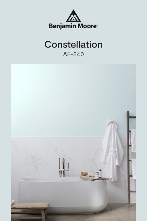 Constellation AF-540, a feathery light blue that breathes charm into any room. Constellation Benjamin Moore, Benjamin Moore Constellation, Blue Interior Paint, Interior Paint Color, Light Blue Interior, Benjamin Moore Blue, Constellation Wall, Wall Colours, Light Blue Paints