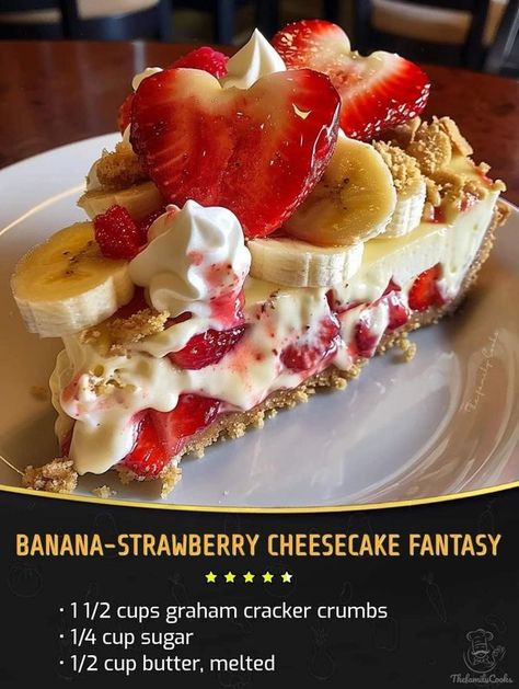 Paula Deen 󰦉 | Banana-Strawberry Cheesecake Fantasy | Facebook Baklava Cheesecake, Paula Deen, Strawberry Cheesecake, Graham Cracker Crumbs, Graham Cracker, Ripe Banana, Baklava, Graham Crackers, 2 Cups