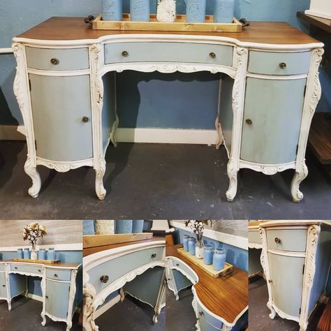 🤗🤗New piece in store! ��🤗🤗Beautiful Antique French Provincial Desk 😍😍 Gorgeous 💙Cinderella Blue-like color💙, painted antique white and waxed for an old world look and last but not least a dark walnut stained top for an elegant touch! It can be yours for only $275!! 😍😍 . . #clayton #raleigh #handpainted #store #shoplocal #supportlocal #smallbusiness #generalfinishes #rustic #farmhouse #antiquedesk #antique #vintage #repurpose #redone #painted #paintedfurniture #persianblue #antiquewhite # French Provincial Desk, Desk Antique, General Finishes, Persian Blue, Dark Walnut Stain, Antique Desk, Indoor Garden Ideas, Perfect Garden, French Provincial