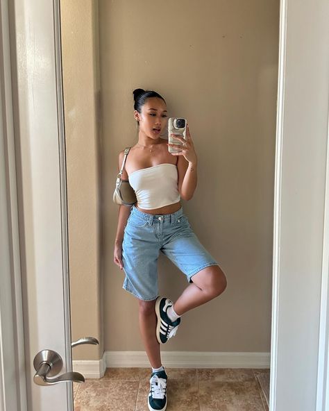 Jorts outfit inspo, casual outfit, tube top Tube Top Outfit Aesthetic Summer, Pink Bandeau Top Outfit, Jorts Outfit Women’s Tube Top, Tub Top Outfit Summer, Outfits With White Tube Top, Campus Outfits Summer, Summer Outfits Tube Tops, Denim Jorts Outfit, Baggy Bermuda Shorts Outfit