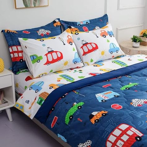 Cartoon Cars Comforter Set Bed in A Bag Twin Size Colorful Cars Bus Van Traffic Lights Bedding Set for Boys Kids (1 Comforter, 1 Flat Sheet, 1 Fitted Sheet, 2 Pillowcase and 2 Pillow Sham) This kids bedding has lightweight material which makes it breathable enough for hot summer nights, while keeping your little one warm once those colder months roll around. Construction Bedding, Car Comfort, Cartoon Cars, Traffic Lights, Car Bed, Comforter Bedding Sets, Set Bed, Twin Comforter, Bed In A Bag