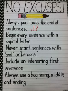 No Excuses Writing Punctuation Writing, Writing Anchor Chart, Writing Rules, Ela Anchor Charts, Second Grade Writing, Third Grade Writing, 5th Grade Writing, 3rd Grade Writing, 2nd Grade Writing