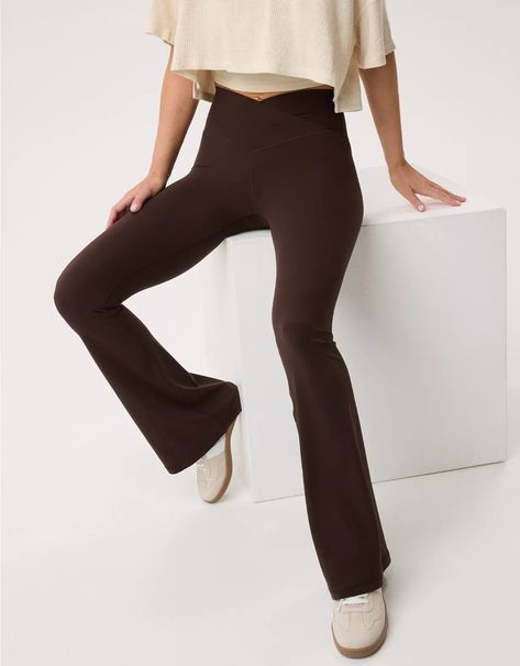 OFFLINE By Aerie Real Me High Waisted Crossover Flare Legging Brown Flares, Boot Cut Leggings, Aerie Real, Flare Legging, Offline By Aerie, Flared Leggings, Flying Monkey Jeans, Flowy Shorts, Sports Skirts