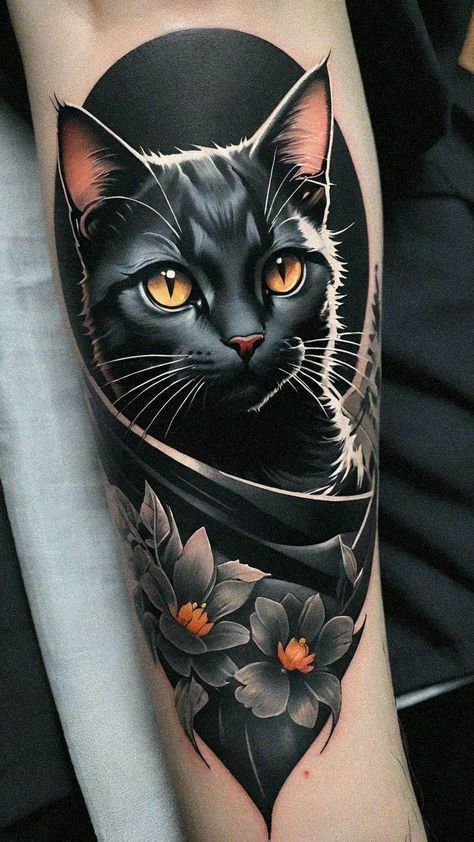 Cat Portrait Tattoos, Cat Tattoo Design, Black Cat Tattoos, Cat Tattoos, Cat Tattoo Designs, Tattoo Design Ideas, Black Cat Art, Leg Tattoo, Cartoon Tattoos