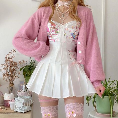 Bow Tops Outfit, Ribbon Tights, Dollcore Outfits, Outfit Corset, Outfit Blouse, Puff Skirt, Kawaii Outfits, Larme Kei, Feminine Outfits