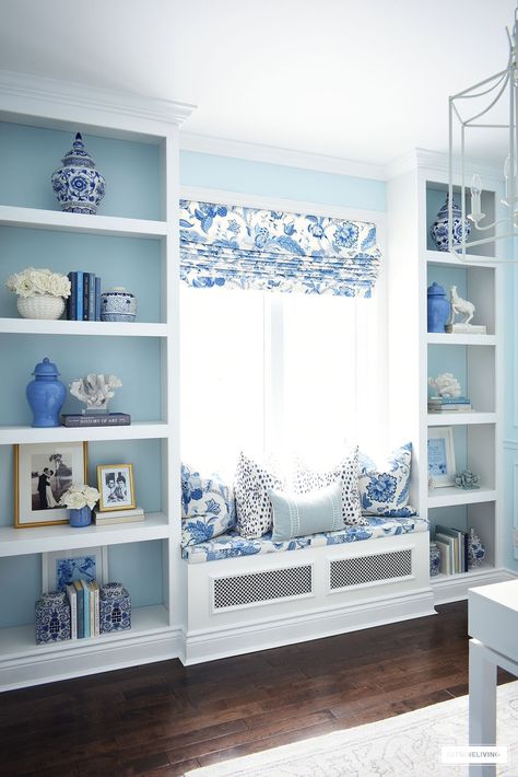 Blue And White Decor, Elegant Home Office, Blue And White Living Room, Thibaut Wallpaper, Light Blue Walls, Coastal Dining, Blue White Decor, تصميم للمنزل العصري, Blue Room