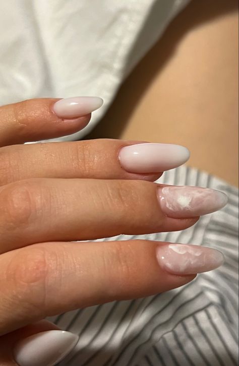 Almond shape, simple design, milky white, marble, summer, 2023, gel Milky White Nails Marble, Marble Jelly Nails, Milky White Marble Nails, Milky White Gel Nails, White Marble Nails, White Gel Nails, Milky Nails, Formal Nails, White Glitter Nails