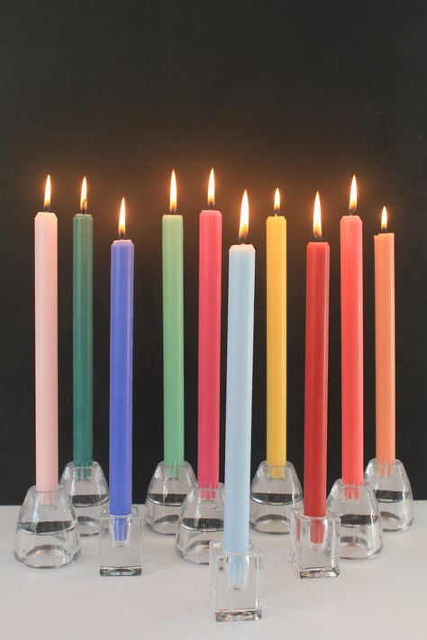 Candles For Dinner Table, Rainbow Taper Candles, Coloured Candles Wedding, Colourful Candles Wedding, Colourful Dinner Party, Candle Tablescapes, Coloured Pillar Candles, Rainbow Candles, Color Candles