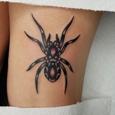 American Traditional Tattoos Insects, Small Tarantula Tattoo, Spider Tattoo American Traditional, Beautiful Spider Tattoo, American Traditional Insect Tattoo, Pretty Spider Tattoo, Trad Spider Tattoo, American Traditional Bug Tattoo, Spider Tattoo Cute