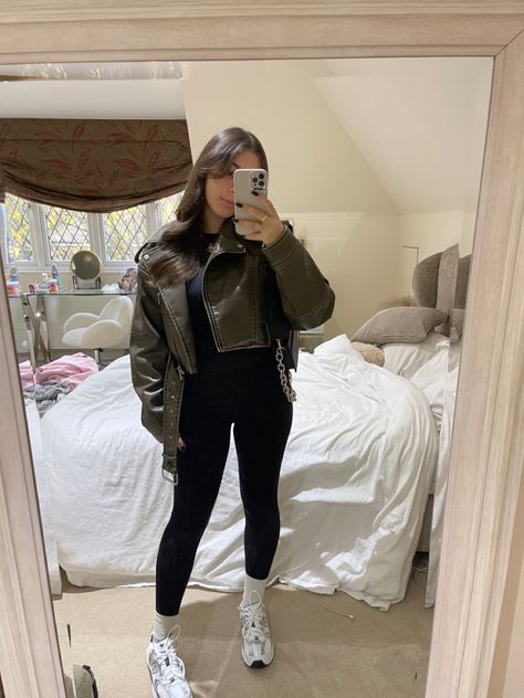 How To Style Crop Leather Jacket, Khaki Biker Jacket Outfit, Leather Zara Jacket Outfit, Leggings Leather Jacket Outfit, Leather Jacket Leggings Outfit, Leather Green Jacket Outfit, Black Zara Leather Jacket Outfit, Leather Crop Jacket Outfits, Leather Jacket And Leggings Outfit