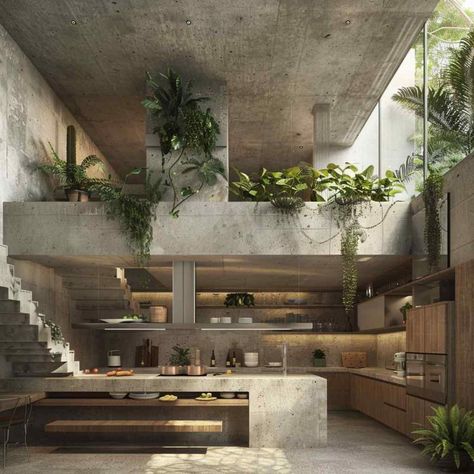 Brutalist Design Interior, Industrial Tropical Interior Design, Tropical Brutalism Architecture, Industrial Tropical Interior, Industrial Tropical House, Modern Concrete Interior Design, Brutalist Architecture House, Tropical Industrial House, Eco Brutalism Architecture