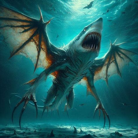 Big Sea Monster, Monster Shark Fantasy Art, Fantasy Shark, Scary Monster Art, Underwater Monster, Shark Monster, Fish Monster, Sea Monster Art, Monster Shark