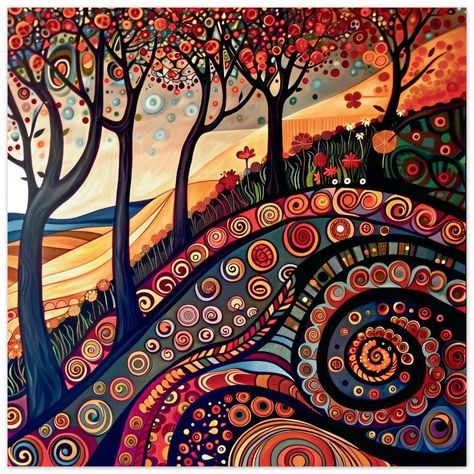 A whimsical autumn landscape, trees with leaves of orange and red, swirling patterns in the sky, in the style of folk art. Abstract spirals on ground, colorful swirls, vibrant colors. An artistic interpretation of nature's transition into fall, inspired in the style of Maud Lewis' painting technique. The scene is filled with joyous energy and playful details.  The heavier-weight, white, premium matte paper has a natural, smooth uncoated finish that feels luxurious to the touch.   Features:   The Fall Abstract Art, Fall Motifs, Maud Lewis, Whimsical Autumn, Colorful Swirls, Kunstjournal Inspiration, Whimsical Fall, African Tree, Contemporary Landscape Artists