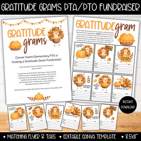 PTA PTO Gratitude Gram Fundraiser Flyer Template School - Etsy Thankful Grams For School, Parent Pleasers, Candy Grams Fundraiser, Pto Board, Teacher Morale, Pta Fundraising, Pto Ideas, School Fundraising, School Pto