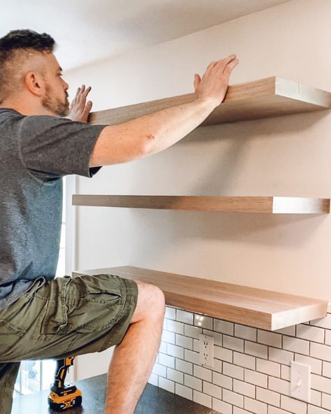 How To Make Open Shelves In Kitchen, Floating Kitchen Shelves White, Kitchen Floating Shelves Lighting, How To Hang Open Shelves In Kitchen, Floating Shelves Over Peninsula, Thick Floating Shelves Kitchen, Diy Remove Kitchen Cabinets, Floating Shelf Over Tile, Best Floating Shelves