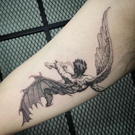 Fallen Angel Tattoo Stencil, Fallen Angel Stencil, Icarus Back Tattoo, Icarus Falling Tattoo, Icarus Tattoo Design, Fall Of Icarus Tattoo, Female Angel Tattoo, Tattoo Future, Fine Line Tattoo Designs