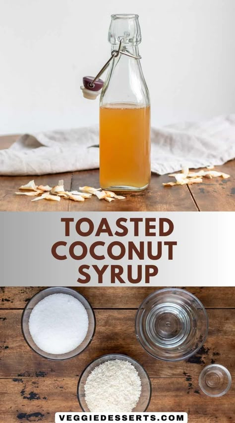 Homemade Toasted Coconut Syrup is simple to make and you only need shredded coconut, sugar and water. For drinks, desserts or pancakes! Coconut Syrup Recipe, Tea Syrup Recipe, Coconut Water Recipes, Homemade Coffee Syrup, Mango Pineapple Smoothie, Espresso Recipes, Coconut Syrup, Peach Syrup, Simple Syrup Recipes