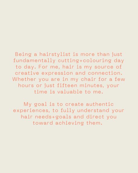 🫶🏻💫⭐️🧡 (This is my application to be your hairstylist) • #chilliwackhair #vancouverhair #hairstylist Hairstylist Bio Examples, Hairstylist Content Ideas, Hair Quotes Stylist, Hairstylist Post, Stylist Branding, Hairstylist Quotes, Salon Suites, Brand Stylist, Hair Quotes