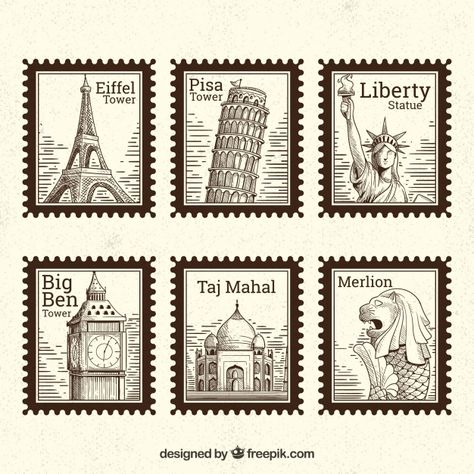 Set of landmark stamps with different cities in hand drawn style Free Vector Kertas Vintage, طوابع بريد, Penanda Buku, Postage Stamp Design, Album Journal, طابع بريدي, Travel Stamp, Scrapbook Stickers Printable, Seni Cat Air