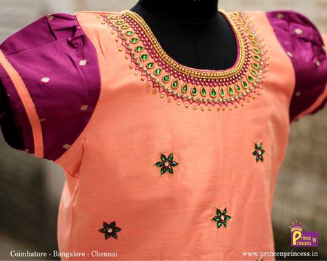 Handcrafted AARI work on peach top Pattu Pavadai Aari Work Design For Pattu Pavadai, Pattu Pavadai Kids Blouse Designs Aari Work, Pattu Pavadai Aari Work Designs, Aari Work Frock Design, Aari Work For Pattu Pavadai, Pavadai Sattai Aari Work Designs, Aari Work Pattu Pavadai Sattai, Pattu Pavadai Aari Work For Kids, Pavadai Sattai Designs