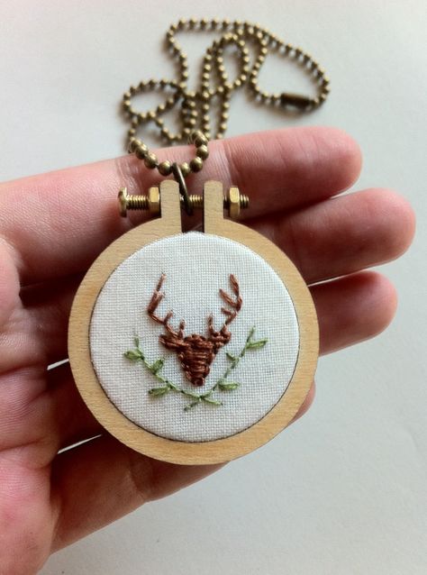 Tiny Hoop Embroidery, Tiny Embroidery Hoop, Mini Hoops Embroidery, Embroidery Pendant Necklace, Deer Embroidery, Embroidery Pendant, Hoop Necklace, Etsy Embroidery, Deer Necklace