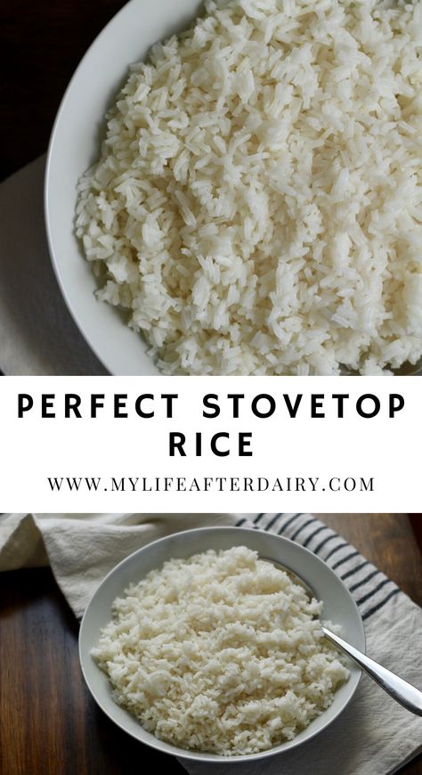 Make a pot of rice on the stove with this simple recipe. Using long grain rice, this simple stovetop rice recipe helps you make fluffy rice for any recipe in under 30 minutes. This tender rice pairs well with any dinner or can be used in a stir fry for a delicious take out made at home. Use this rice for the ultimate meal prep and keep your weekday lunches simple with this quick and easy side. #stovetop #rice #ricerecipe #mylifeafterdairy Rice In Pot On Stove, How To Cook Rice In A Pot, Good Rice Recipes Simple, How To Make Rice On Stove, Rice Stovetop How To Cook, White Rice Recipes Stove Top, Stovetop Rice How To Cook, Stove Top Rice How To Cook, Long Grain White Rice Stove Top