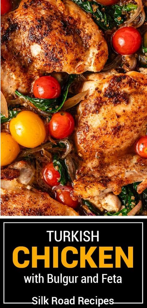 Turkish chicken is baked with spinach and herbs, fluffy bulgur, tomatoes, and onions for a delicious aroma and savory Middle Eastern flavors! Authentic Turkish Recipes, Turkish Chicken Recipes, Turkish Chicken, East Recipes, Man Recipes, Healthy Hummus, Homemade Flatbread, Seasoned Veggies, Recipes Authentic