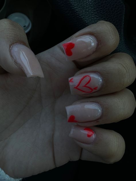 Red Heart Valentines Nails, Valentine Nail Short, Valentines Days Short Nails, Cute V Day Nails, Nail Ideas For Valentines Day Square, Valentines Nail Ideas Acrylic Short, Nails Acrylic Short Valentines Day, Vday Nail Designs, Valentine’s Day Nails Medium Length