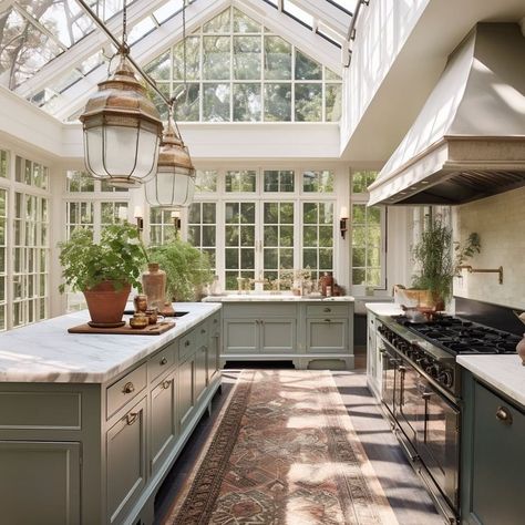 Sarah Robertson | I decided to do a deep dive into what a “conservatory kitchen” might look like, and here are a few fantasy kitchens ! Most of us don’t… | Instagram Solarium Off Kitchen, Square Conservatory Ideas, Sunroof In Kitchen, Kitchen In Conservatory, Georgian Kitchen Extension, Kitchen In Orangery, Sunroof Kitchens, Kitchen With Sunroof, Glass Conservatory Extension