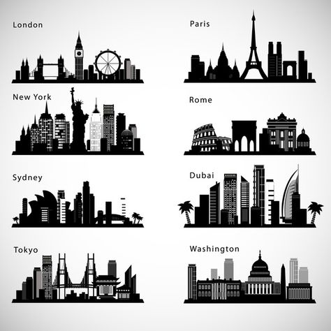 City skylines set. Premium Vector | Premium Vector #Freepik #vector #business #city #office #japan Picture Quiz, Skyline Drawing, Cityscape Drawing, City Skyline Silhouette, Famous Cities, City Tattoo, City Skylines, Skyline Silhouette, City Vector