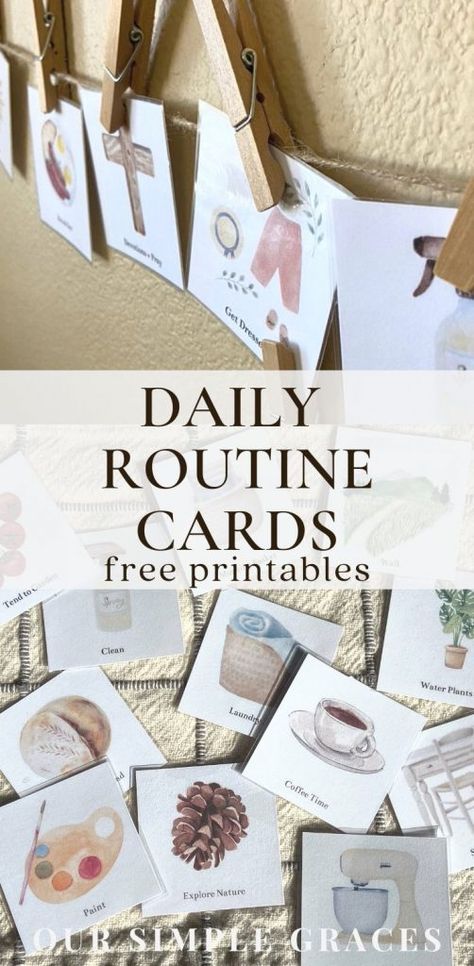 Whether you have toddlers, homeschool or have your kids in private or public school, these daily routine schedule printables are so helpful in keeping a flow throughout your days. Your kids will love being able to help order the cards to fit the day. With over 40 cards and activities to choose from, there should be something for every age! Daily Routine Cards Free Printable, Routine Cards For Kids Free Printable, Daily Routine Schedule For Kids, Toddler Daily Routine Chart, Kid Schedule Chart Daily Routines, Toddler Bedtime Routine Chart, Toddler Daily Schedule, Routine Charts For Kids, Kids Schedule Chart