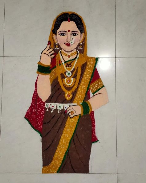 Portrait rangoli artwork woman by badals rangoli Gauri Pujan Rangoli, Mor Rangoli, Gauri Rangoli, Portrait Rangoli, Ready Rangoli, Rangoli Photos, Rangoli Flower, Rangoli Designs For Competition, Poster Rangoli