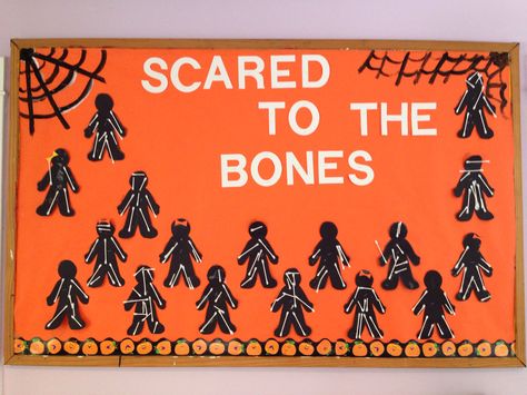 Diy Halloween Bulletin Board, Halloween Crafts For Bulletin Boards, Skeleton Classroom Door, Halloween Billboard Ideas For School, Halloween Classroom Door Ghost, Halloween Birthday Board Classroom, Skeleton Bulletin Board Ideas, Halloween Classroom Decorations Bulletin Boards, October Themed Bulletin Boards