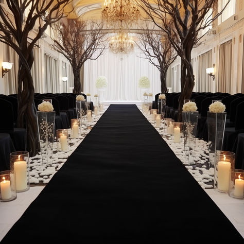 Black Aisle Runner for Wedding Ceremony Black Carpet Wedding Aisle, Unique Aisle Runner, Wedding Aisle Decorations Black And White, Black Weddings Wedding Ceremony Decor, Black Wedding Aisle Decor, Black Elegant Wedding Decor, Black And White Wedding Venue Decor, Outdoor Black And White Wedding, Black And Gold Wedding Ceremony