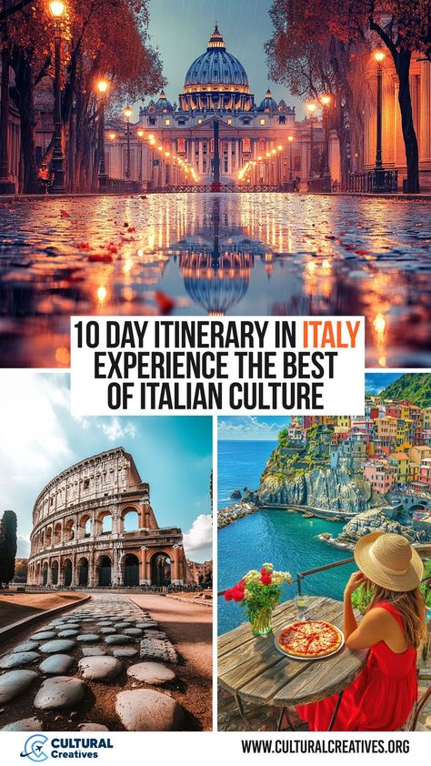 Images of Vatican City, the Colosseum, and a coastal Italian village with a woman enjoying pizza, representing a 10 Day Itinerary in Italy. Central Italy Itinerary, Italian Vacation Itinerary, First Trip To Italy, Best Cities To Visit In Italy, 2 Week Italy Itinerary, Italy Itinerary 10 Days, Italy Must See, Italian Roadtrip, Two Weeks In Italy