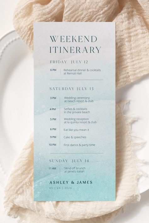 The Ocean Beach Sand Wedding Itinerary Template is specifically designed for couples planning a beautiful beach wedding ceremony by the ocean. This template offers a structured outline to assist you in organizing and coordinating the various events and activities surrounding your special day. It allows you to include important details such as the ceremony time and location, pre-wedding activities. Beach Wedding Activities, Budget Beach Wedding, Beach Wedding Programs, Weekend Itinerary Template, Sand Wedding, Brazilian Wedding, Wedding Itinerary Template, Wedding Weekend Itinerary, Anniversary Plans