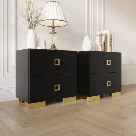 Nightstand Set, Black Nightstand, Contemporary Nightstand, Nightstand Set Of 2, Yellow Wood, Gold Bedroom, White Nightstand, Bedroom Black, 2 Drawer Nightstand