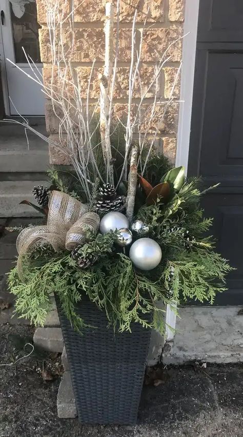 90+ Easy DIY Outdoor Christmas Decorations - HubPages Winter Pot Decorations, Christmas Outdoor Pots Planters Holiday Decorating, Christmas Potted Arrangements, Winter Floral Arrangements Outdoor, Christmas Outdoor Arrangements, Holiday Urns Outdoor, Outdoor Winter Planters Front Porches, Outdoor Christmas Arrangements, Christmas Front Porch Planters