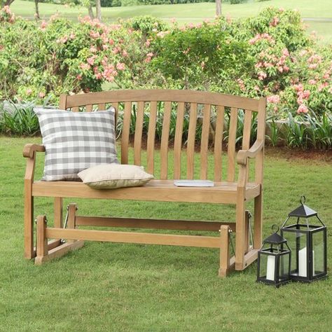 Bayou Breeze Cynthia Teak Glider Bench & Reviews | Wayfair Outdoor Glider Bench, Outdoor Glider Chair, Glider Bench, Teak Patio Furniture, Outdoor Glider, Solid Wood Benches, Teak Bench, Wood Bench, Garden Bench