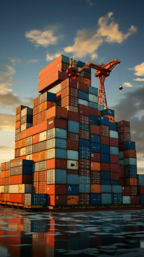 Cargo ship vista Containers stacked high, harbor backdrop, showcasing maritime transport Vertical Mobile Wallpaper AI Generated Vertical Wallpaper, Container Van, Cargo Ships, Cargo Transport, Social Media Advertising Design, Cargo Container, Cargo Ship, Martial Arts Workout, Tree Saw