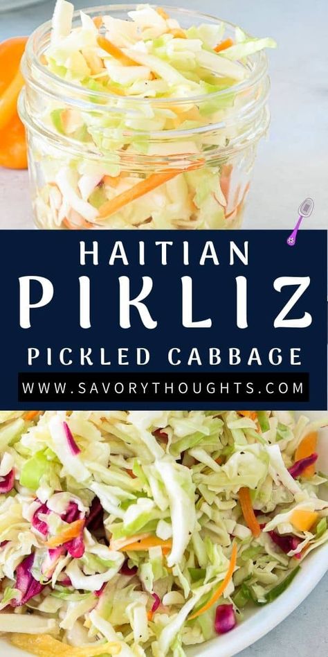 Haitian Pickled Cabbage, Haitian Cabbage Recipe, Picklies Haiti, Spicy Pickled Cabbage, Haitian Side Dishes, Pickled Coleslaw Recipe, Haitian Pikliz Recipe, Pikliz Recipe Haiti, Haiti Recipes