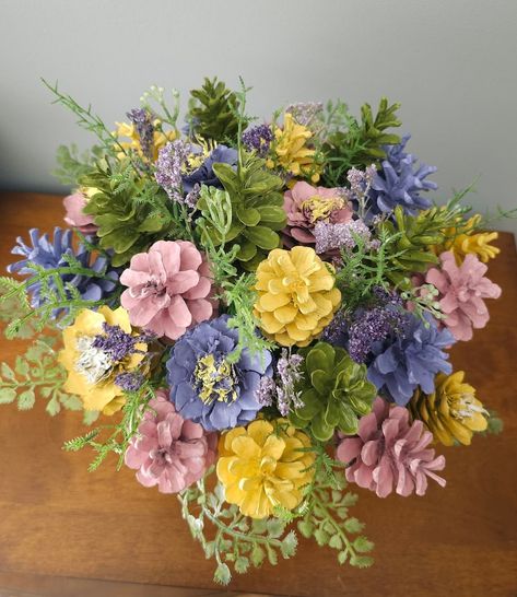 Summer Blossom Pinecone Flowers Arrangement in a Bucket, Rustic Farmhouse Centerpiece, Kitchen Living Room Accent, Mother's Day Gift - Etsy Diy Christmas Pinecones, Painted Pinecones Flowers, Pinecone Bouquet, Coffee Filter Flowers Diy, Wooden Christmas Trees Diy, Pinecone Art, Pinecone Centerpiece, Pinecone Flowers, Market Decor