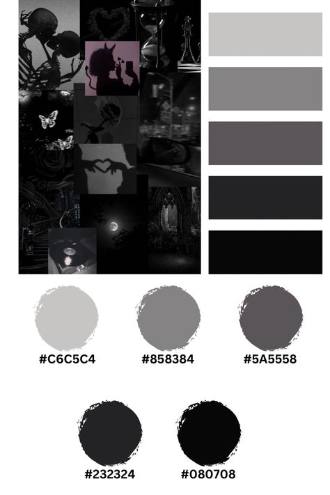 Goth Color Palette Hex Code, Dark Hex Codes, Apple Calendar Hex Codes, Emo Color Palette, Discord Color Codes, Black Color Palette Colour Schemes, Hex Codes Aesthetic, Purple And Black Color Palette, Color Pallets With Hex Codes