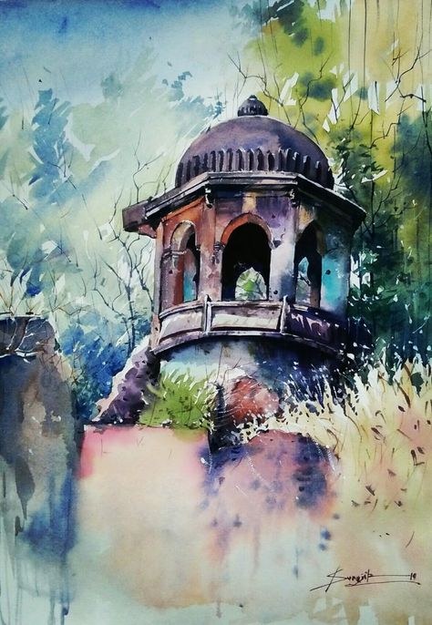 Surajit art studio, Watercolor landscape painting old temple, Indian Temple Oil Painting, Temple Watercolor Paintings, Watercolor Temple, Temple Composition, Watercolours Art, Old Temple, Cityscape Paintings, Jeep Wallpaper, Landscape Pencil Drawings