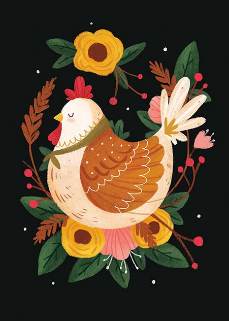 Chickie’s Chicken Illustration, Arte Doodle, Arte Folk, Chicken Art, Scandinavian Folk Art, Pola Sulam, 수채화 그림, Art Populaire, Folk Art Painting