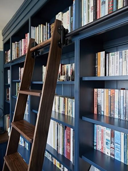 Rolling library ladder on a bespoke blue library bookcase - Bookcase by Barns of Ashburton Bookcase Wall With Ladder, Rolling Ladder Bookshelf, Blue Library Aesthetic, Library Ladders Rolling, Tiny Library Room, Blue Library, Library Ladders, Bookcase Ladder, Office Redesign