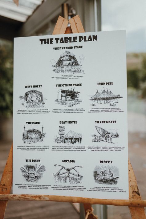 Glastonbury Themed Table Plan For Wedding At Stone Barn Cotwolds With Groom In Cad & The Dandy Images Meghan Lorna Glastonbury Themed Wedding, Glastonbury Wedding, Festival Seating, Festival Themed Wedding, Diy Wedding Inspiration, Wedding Signs Diy, Stone Barns, Wedding Table Plan, Table Plan